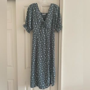 Cinched Tie Front Midi Peasant Dot Dress
